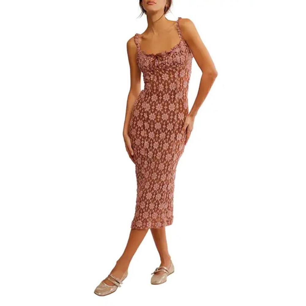 NWT! Free People Lucinda Floral Lace Midi Dress in Ginger Combo Size Large